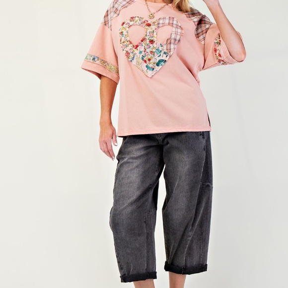 New Easel Floral Heart Short Sleeve Tee Top Shirt Pullover Patchwork Peach Boho - Picture 7 of 9